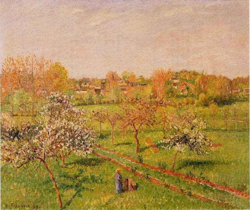 Morning, Flowering Apple Trees, Eragny by Camille Pissarro — hand-painted botanical oil painting reproduction on canvas