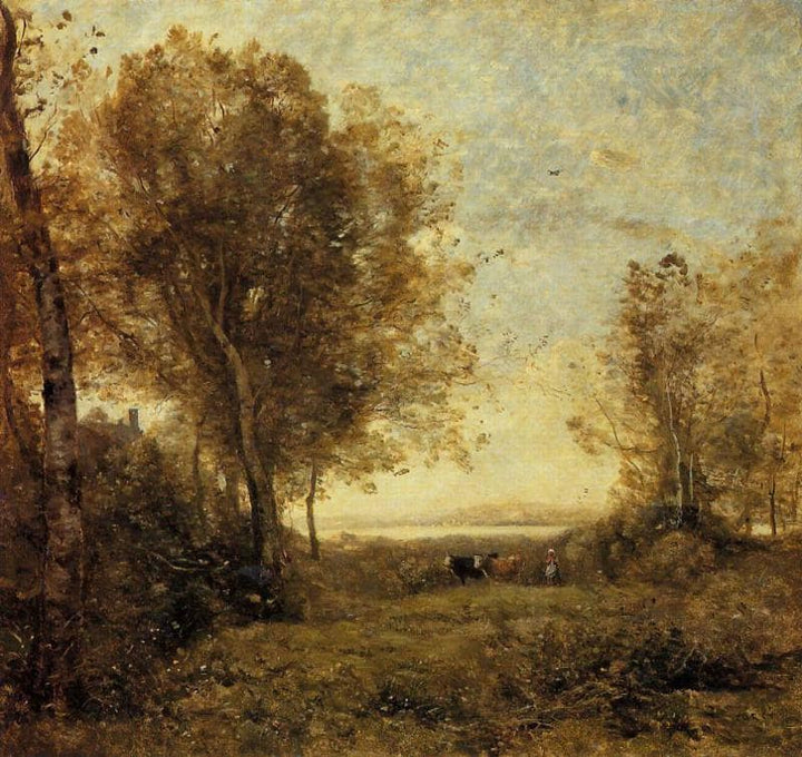 Morning, Woman Hearding Cows by Camille Corot — hand-painted animal oil painting reproduction on canvas