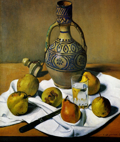 Moroccan jug and pears in home office
