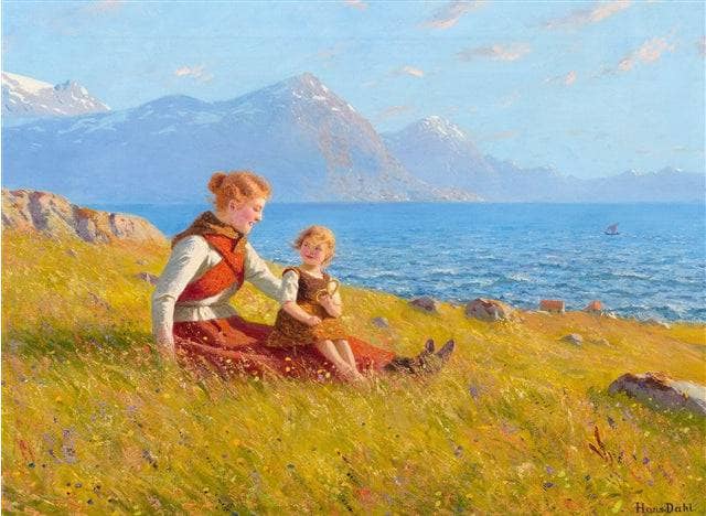 Mother and child by the sea by Hans Dahl — hand-painted landscape oil painting reproduction on canvas