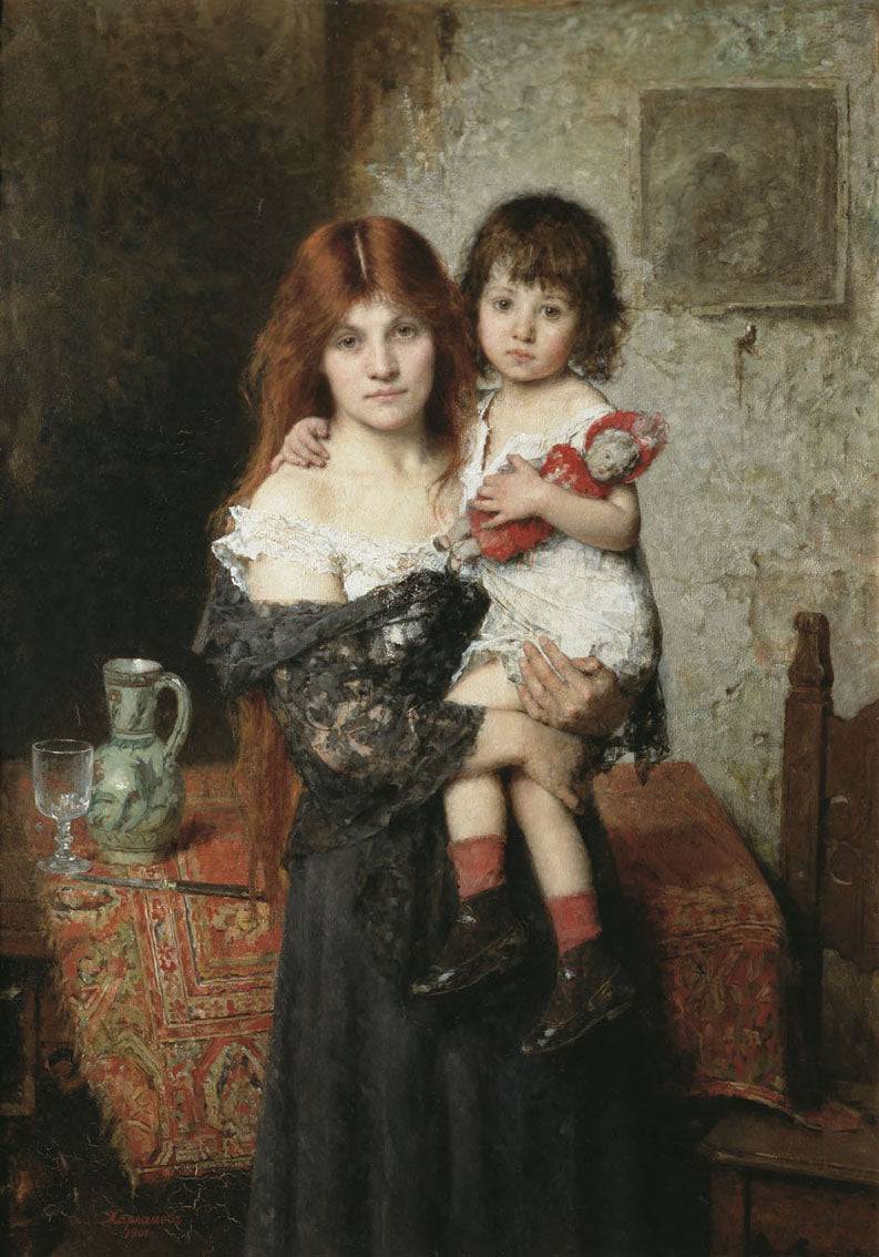 Mother and Daughter by Alexei Harlamoff — hand-painted portrait oil painting reproduction on canvas