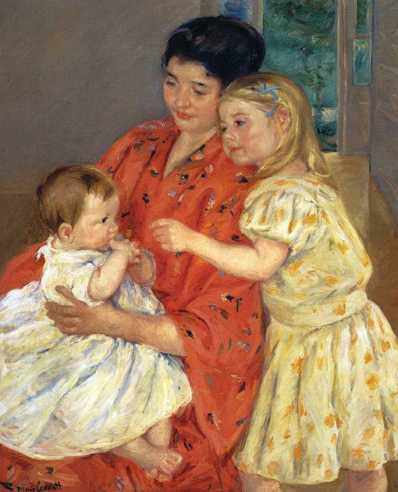Mother and Sara Admiring the Baby by Mary Cassatt, hand-painted portrait oil painting reproduction on canvas