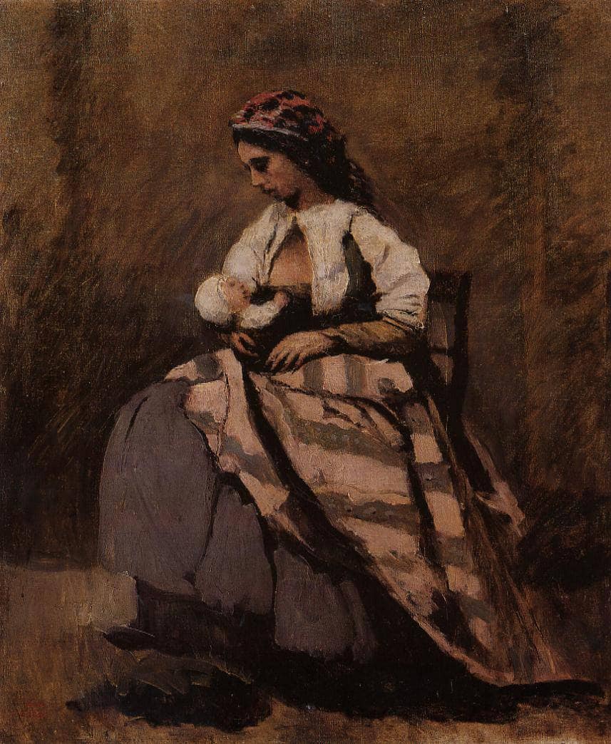 Mother Breastfeeding Her Child by Camille Corot — hand-painted portrait oil painting reproduction on canvas