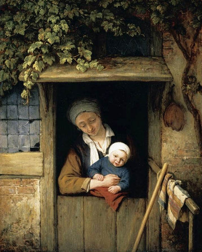 Mother Holding Her Child in a Doorway in hallway
