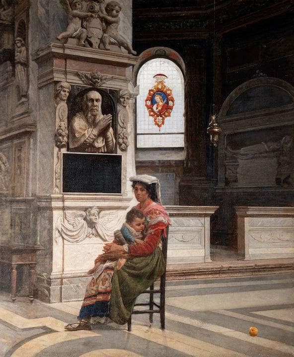 Mother with child inside the basilica of Santa Maria del Popolo in Rome by Noè Bordignon — hand-painted cultural oil painting reproduction on canvas