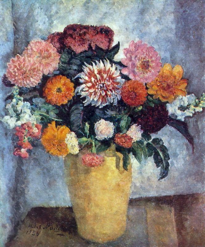 Motley bouquet in a clay jar on gallery wrap