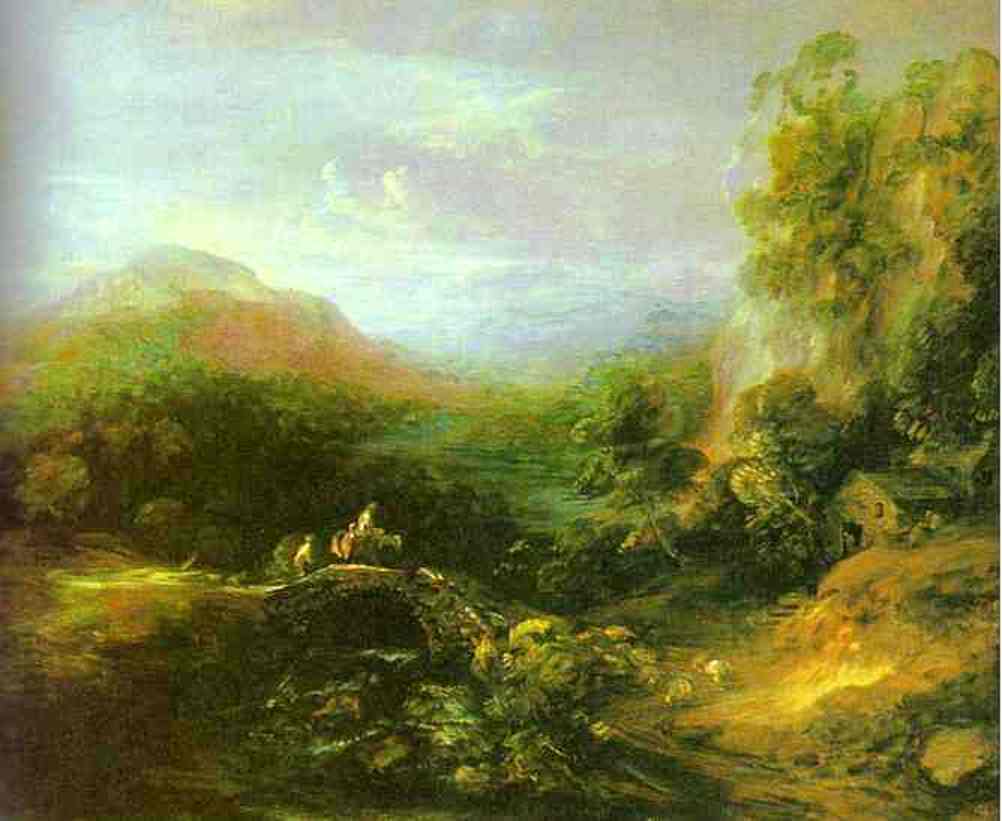 Mountain Landscape with Peasants Crossing a Bridge by Thomas Gainsborough — hand-painted eco oil painting reproduction on canvas