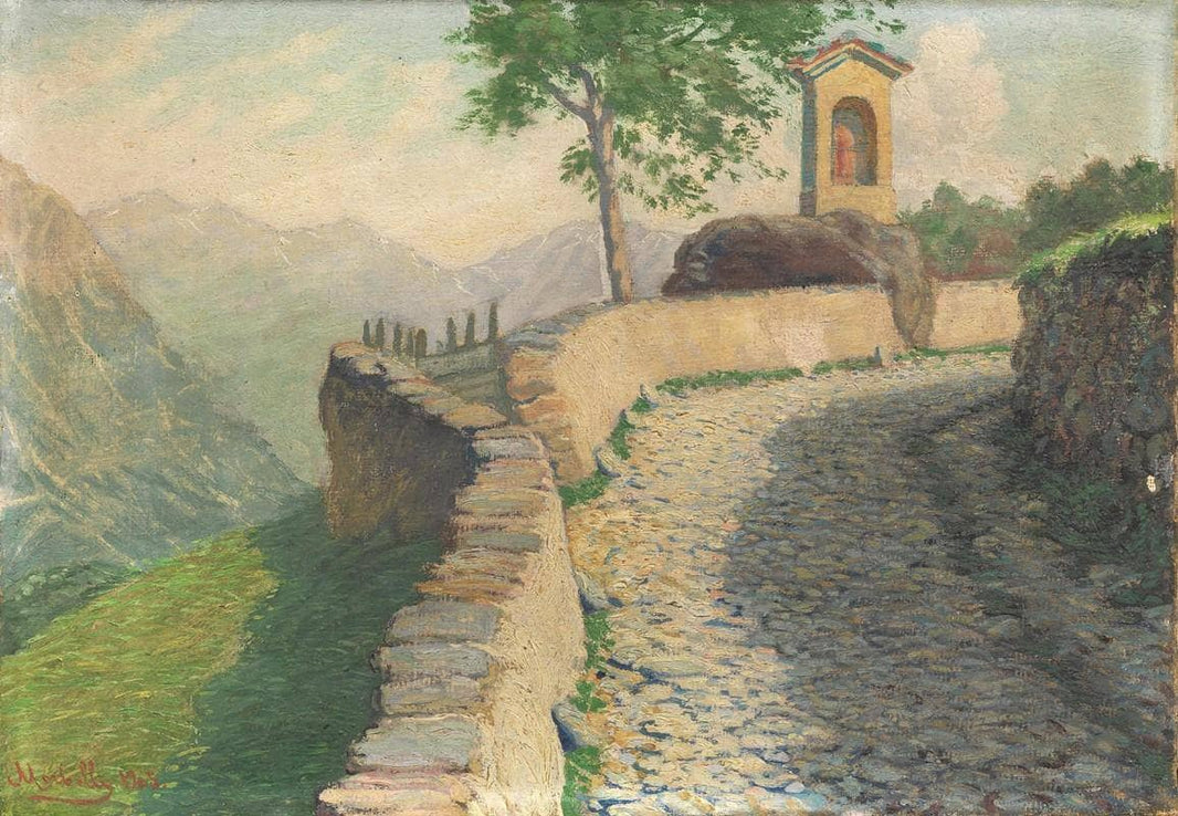 Mountain road with sacred shrine by Angelo Morbelli — hand-painted landscape oil painting reproduction on canvas