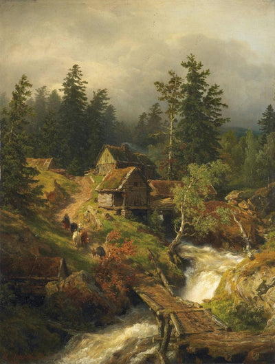 Mountainous Landscape With Stream And Watermill in kitchen