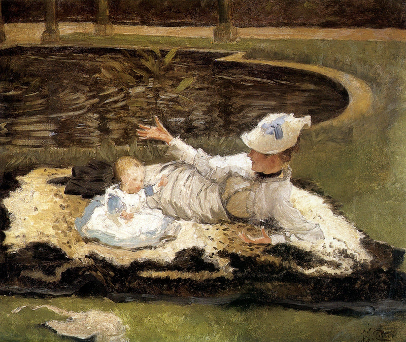 Mrs. Newton with a child by a pool on gallery wrap