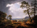 Muleteers halting on a mountain pass in the Roman Campagna by Hendrik Voogd — rural oil painting wall art, Romanticism