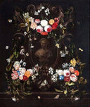 Mural in bas-relief surrounded by garlands of flowers by Erasmus Quellinus the Younger — hand-painted cultural oil painting reproduction on canvas