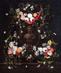 Mural in bas-relief surrounded by garlands of flowers by Erasmus Quellinus the Younger — hand-painted cultural oil painting reproduction on canvas