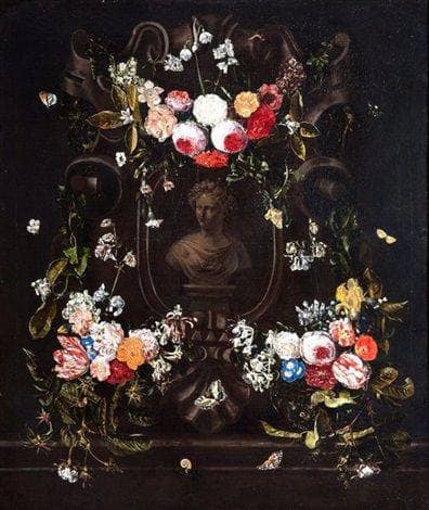 Mural in bas-relief surrounded by garlands of flowers by Erasmus Quellinus the Younger — hand-painted cultural oil painting reproduction on canvas