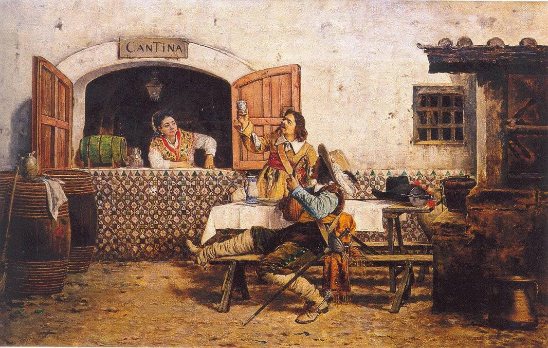 Musketeers sitting outside a canteen by Joaquín Agrasot — hand-painted portrait oil painting reproduction on canvas