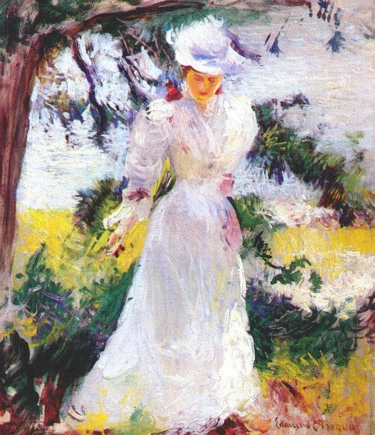 My Wife Emeline in a Garden by Edmund Charles Tarbell — hand-painted botanical oil painting reproduction on canvas