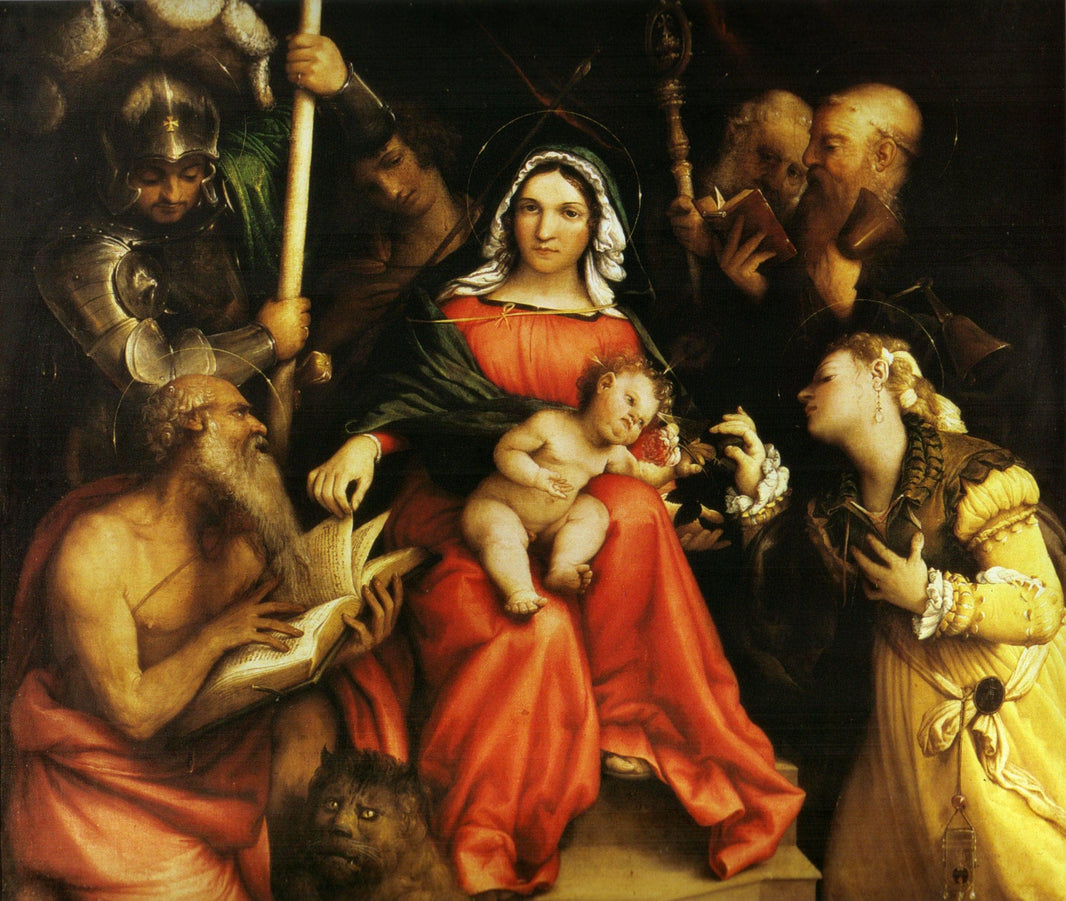 Mystic marriage of Saint Catherine of Alexandria and Saint Catherine of Siena by Lorenzo Lotto — hand-painted animal oil painting reproduction on canvas