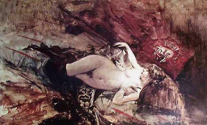 Naked young woman lying down with black stockings - Giovanni Boldini