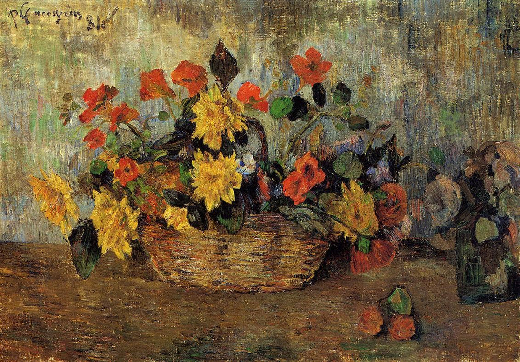 Nasturtiums &amp; dahlias in a basket by Paul Gauguin — hand-painted botanical oil painting reproduction on canvas