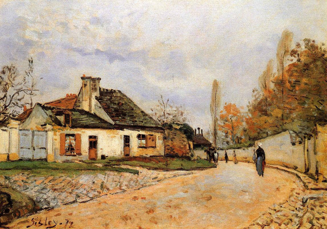 Neighborhood Street in Louveciennes (Rue de Village (Voisins to Louveciennes)) by Alfred Sisley — hand-painted architectural oil painting reproduction on canvas