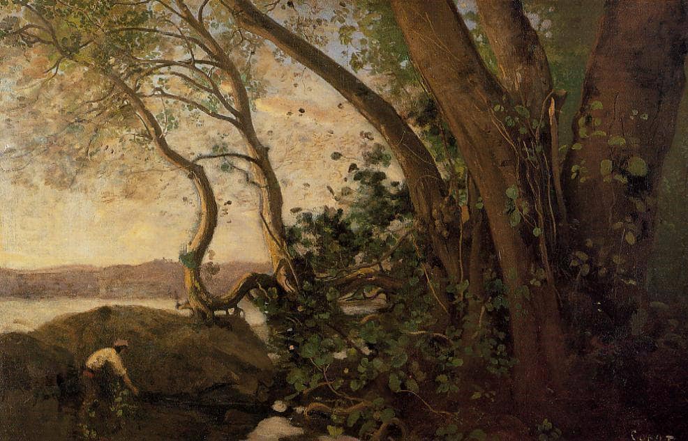 Nemi, the Lake's Edge by Camille Corot — hand-painted architectural oil painting reproduction on canvas
