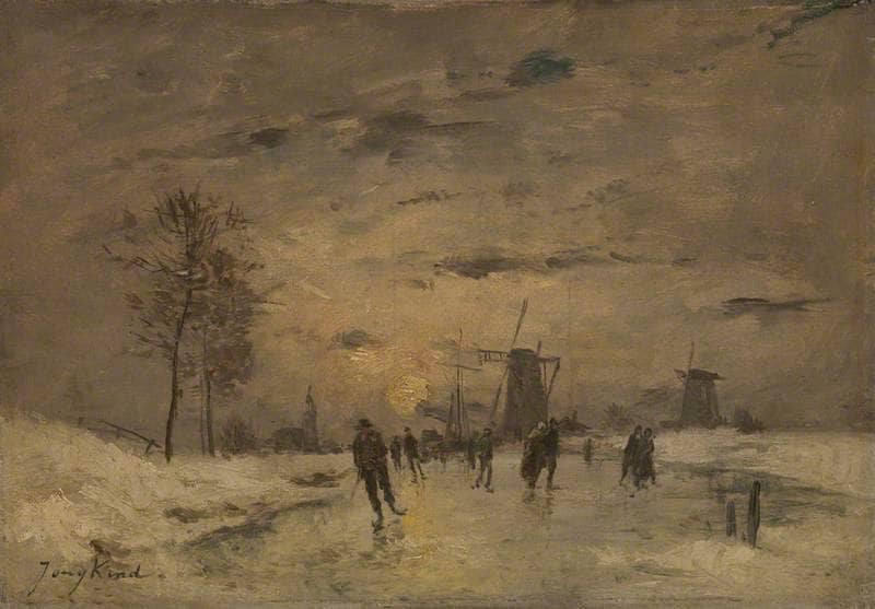 Skating in Holland by Johan Jongkind — hand-painted landscape oil painting reproduction on canvas
