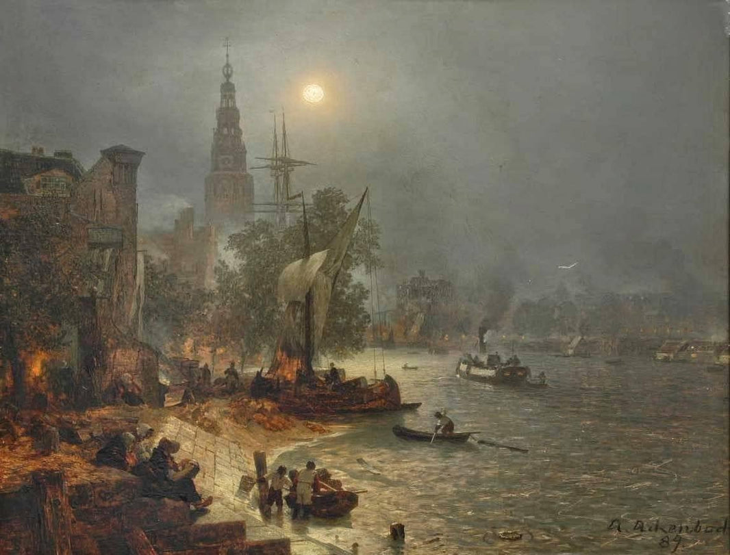 Night view, Amsterdam by Andreas Achenbach — hand-painted landscape oil painting reproduction on canvas