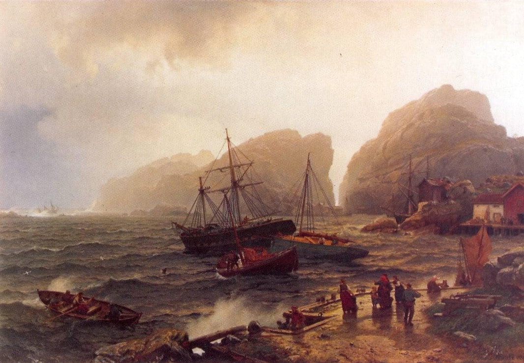 Norwegian Harbor of Refuge Or Port of Refuge on the Norwegian Coast by Hans Gude — hand-painted nautical oil painting reproduction on canvas