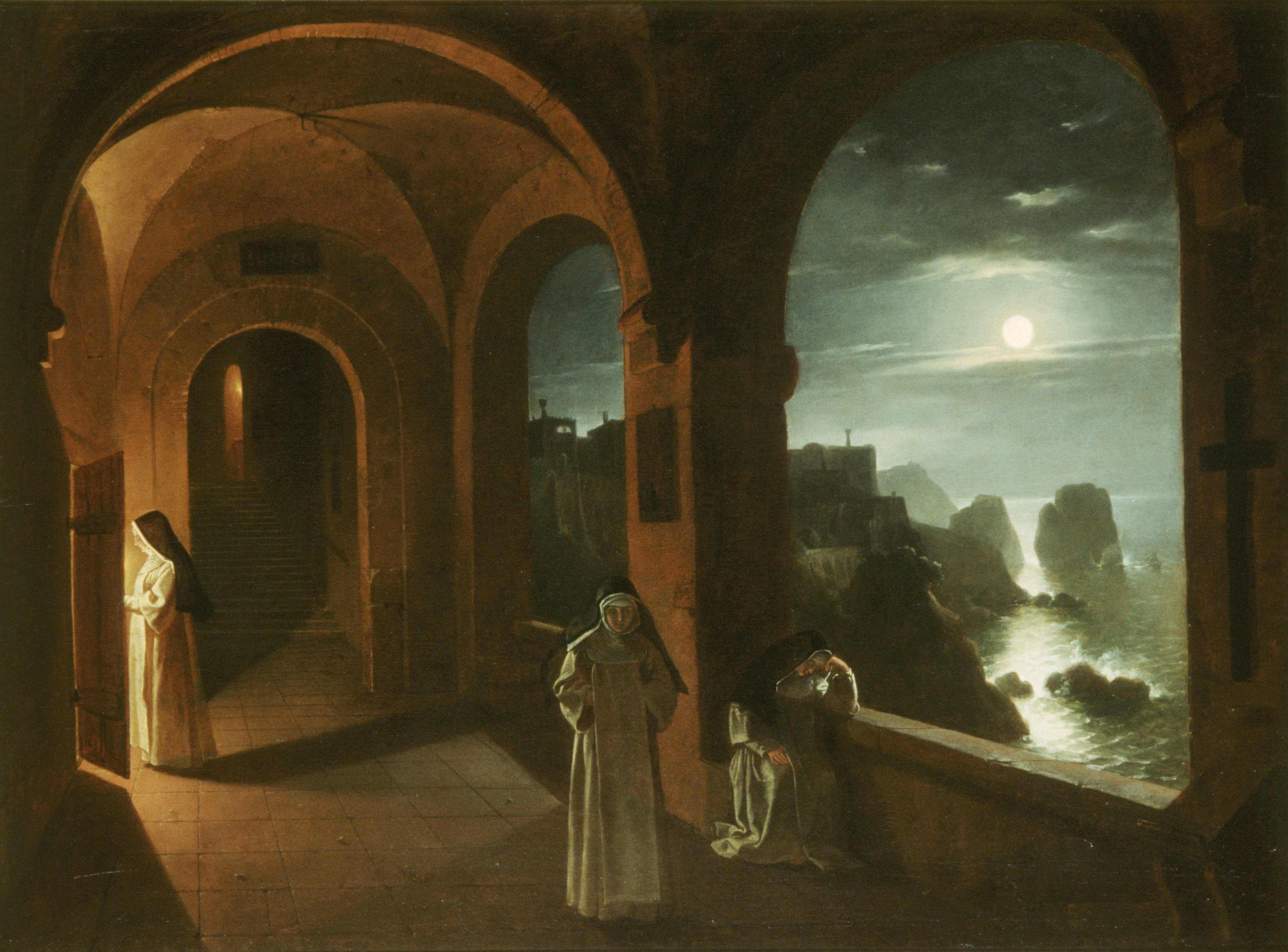 Nuns in the Certosa Cloister, overlooking a Moonlit Sea towards the Faraglioni, Capri - Franz Ludwig Catel