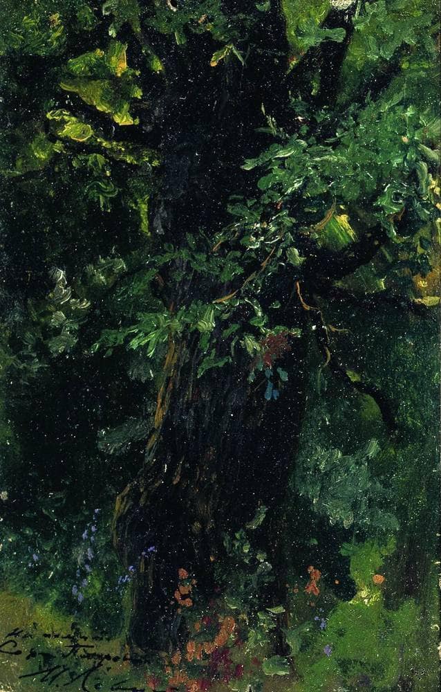 Oak trunk in early summer by Isaac Levitan — hand-painted botanical oil painting reproduction on canvas