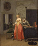 Lady with Servant and Dog by Jacob Ochtervelt — female oil painting wall art, Baroque