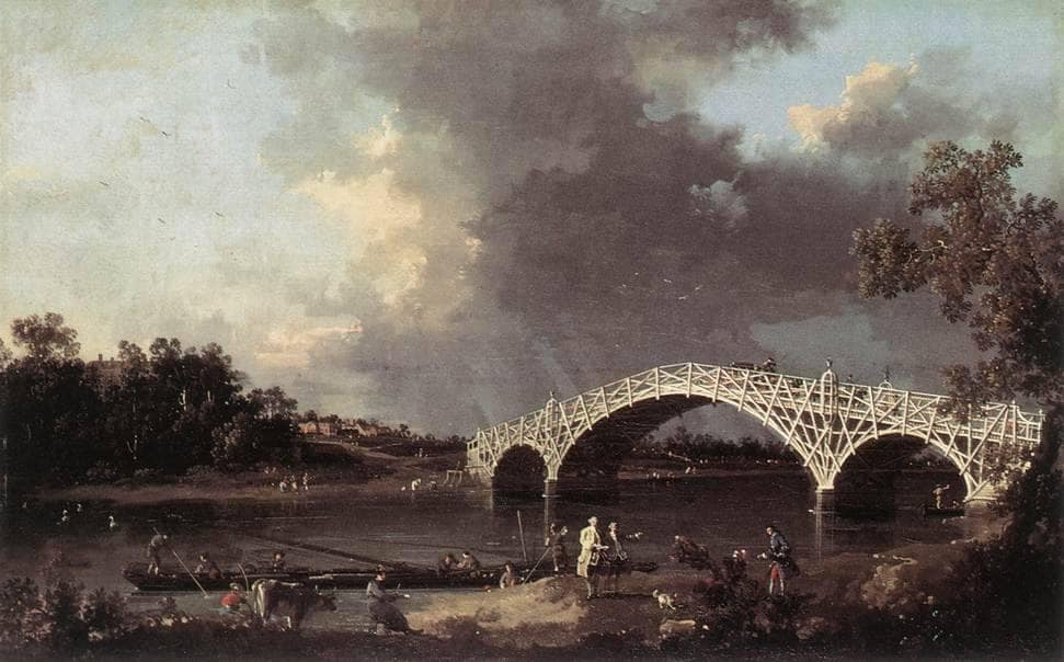Old Walton Bridge over the Thames by Canaletto — hand-painted landscape oil painting reproduction on canvas