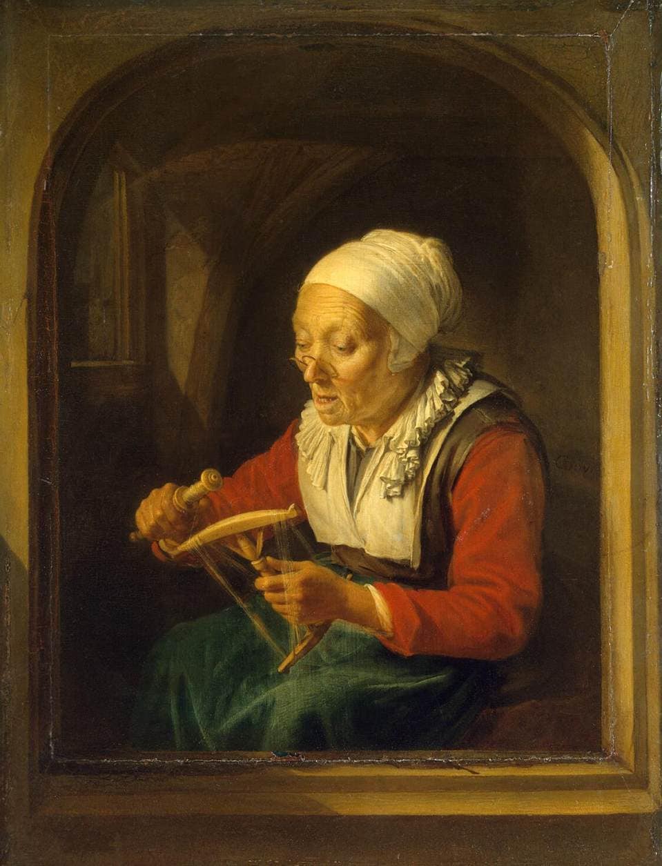Old Woman Unreeling Threads by Gerrit Dou — hand-painted portrait oil painting reproduction on canvas