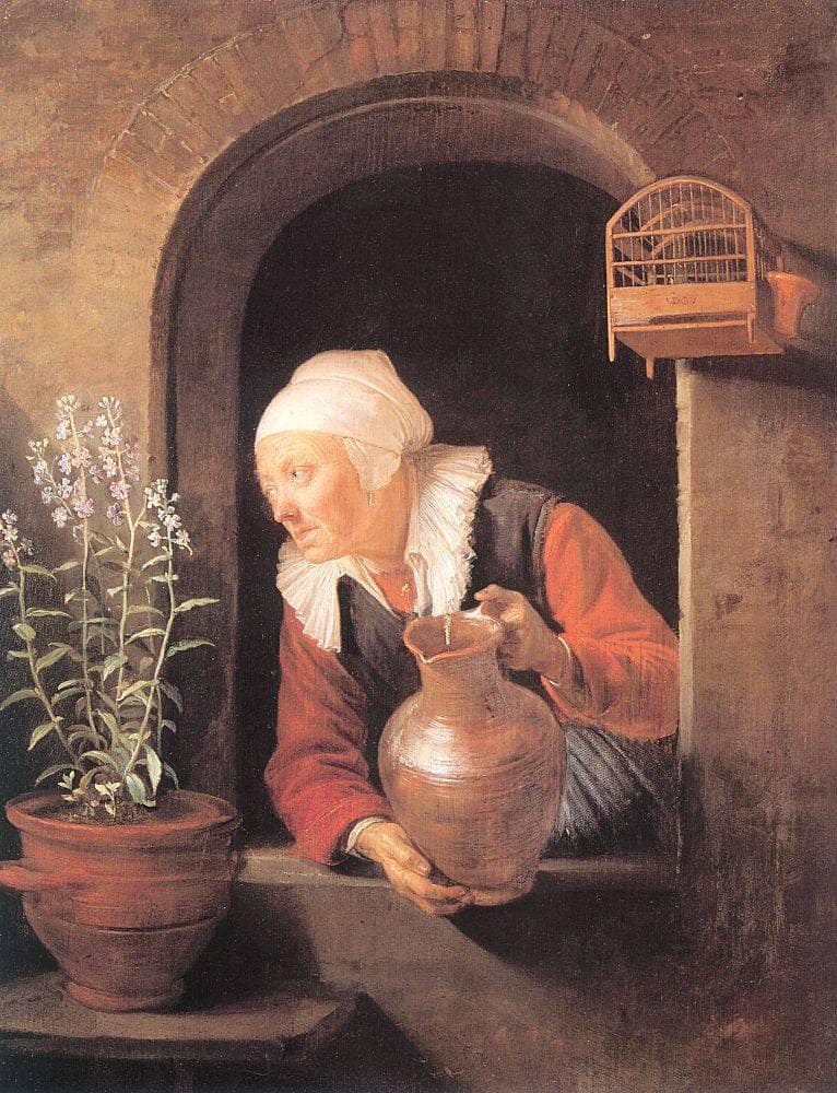 Old Woman Watering Flowers by Gerrit Dou — hand-painted botanical oil painting reproduction on canvas