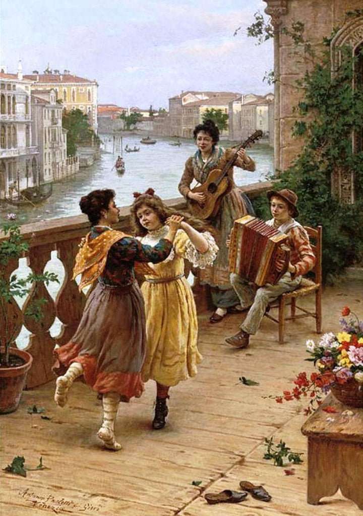 On a Venetian Balcony by Antonio Paoletti — hand-painted portrait oil painting reproduction on canvas