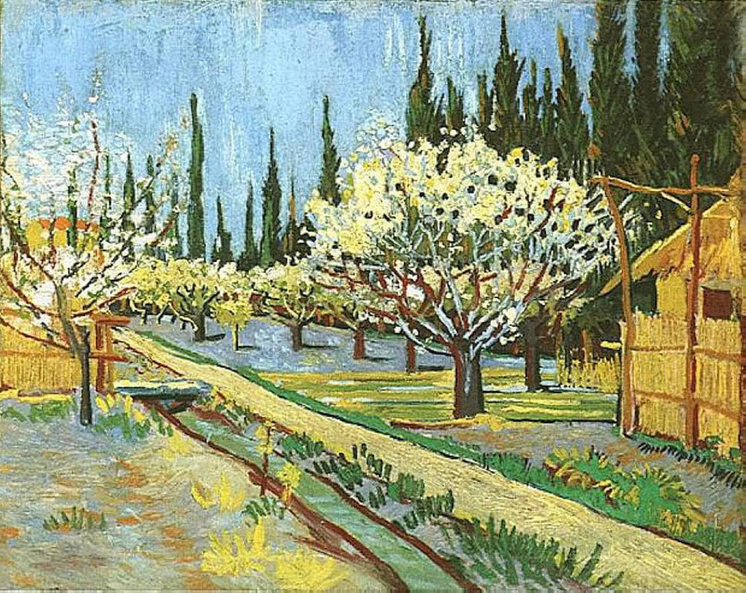 Orchard in Blossom, Bordered by Cypresses by Vincent van Gogh — hand-painted botanical oil painting reproduction on canvas