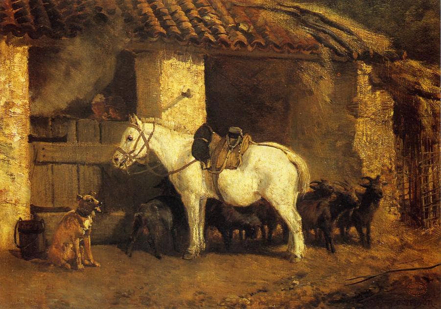 Outside the Stable by Constant Troyon — hand-painted animal oil painting reproduction on canvas