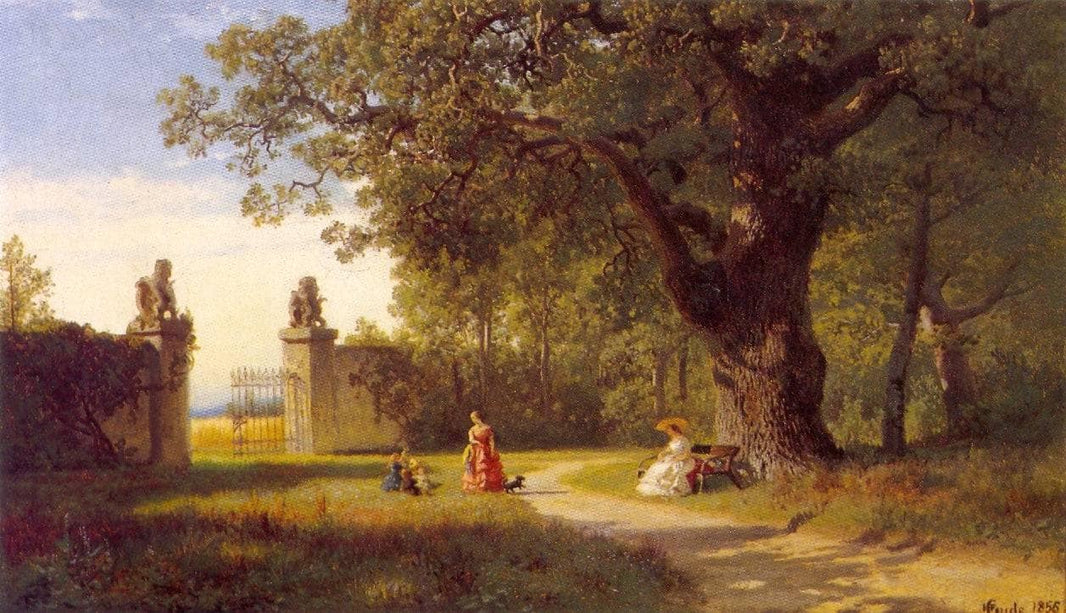 Parklandskap Med Figurer by Hans Gude — hand-painted botanical oil painting reproduction on canvas