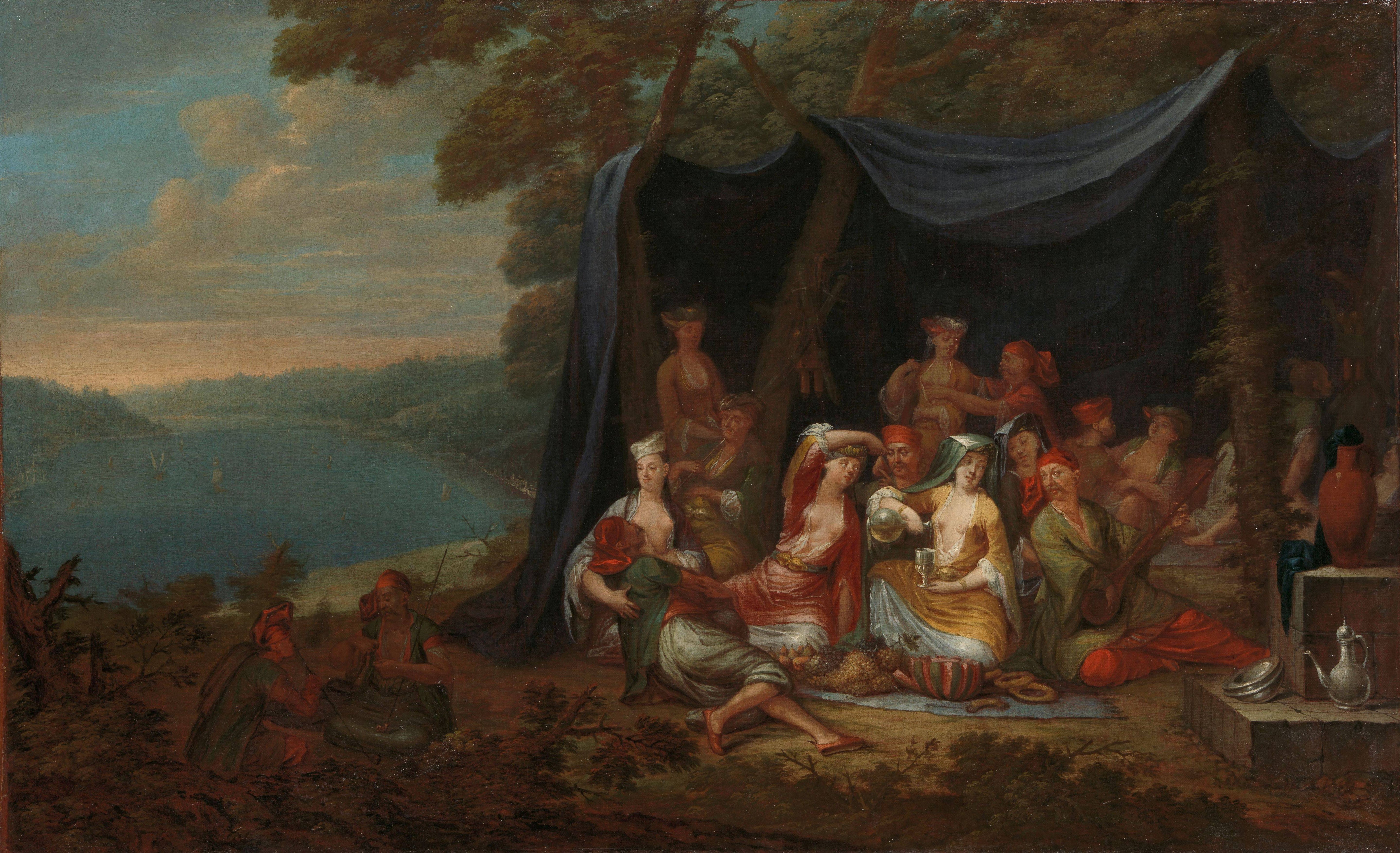 Partying Turkish Courtiers in front of a Tent - Jean Baptiste Vanmour