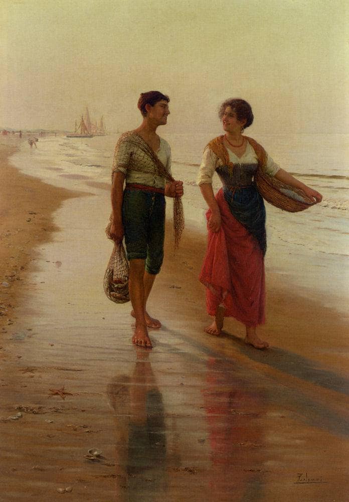 A walk on the beach by Pasquale Celommi — hand-painted portrait oil painting reproduction on canvas