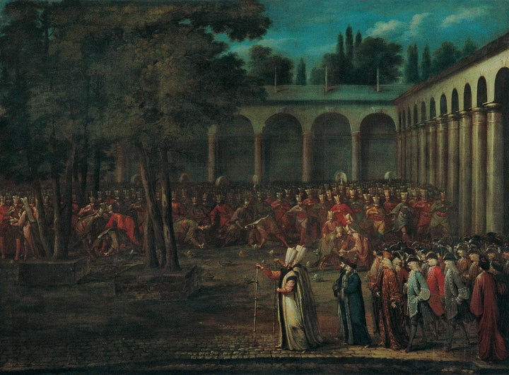 Passing the Ambassadorial Delegation through the Second Courtyard of TopkapÄ± Palace by Jean Baptiste Vanmour — hand-painted architectural oil painting reproduction on canvas