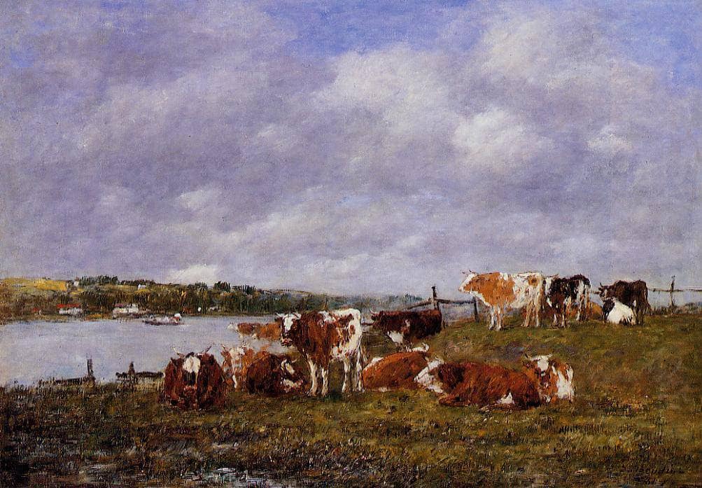 Pasturage, the Valley of the Touques by Eugene Boudin — hand-painted animal oil painting reproduction on canvas