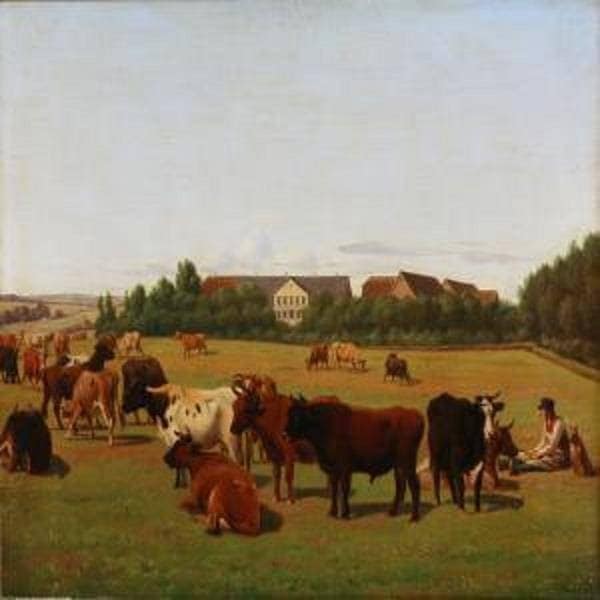 Pasture with cows backyard by Jørgen Sonne — hand-painted landscape oil painting reproduction on canvas