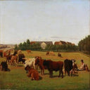 Pasture with cows backyard by Jørgen Sonne — rural oil painting wall art, Romanticism
