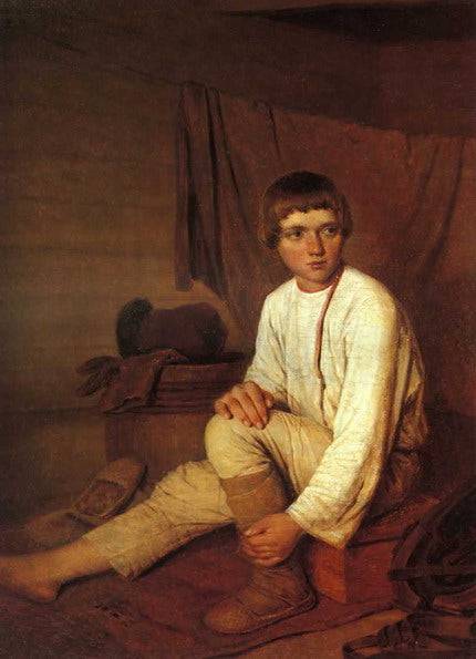 Peasant Boy Putting on Bast Sandals by Alexey Venetsianov — hand-painted portrait oil painting reproduction on canvas