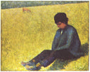 Peasant boy sitting in a meadow by Georges Seurat — male oil painting wall art, Post Impressionism