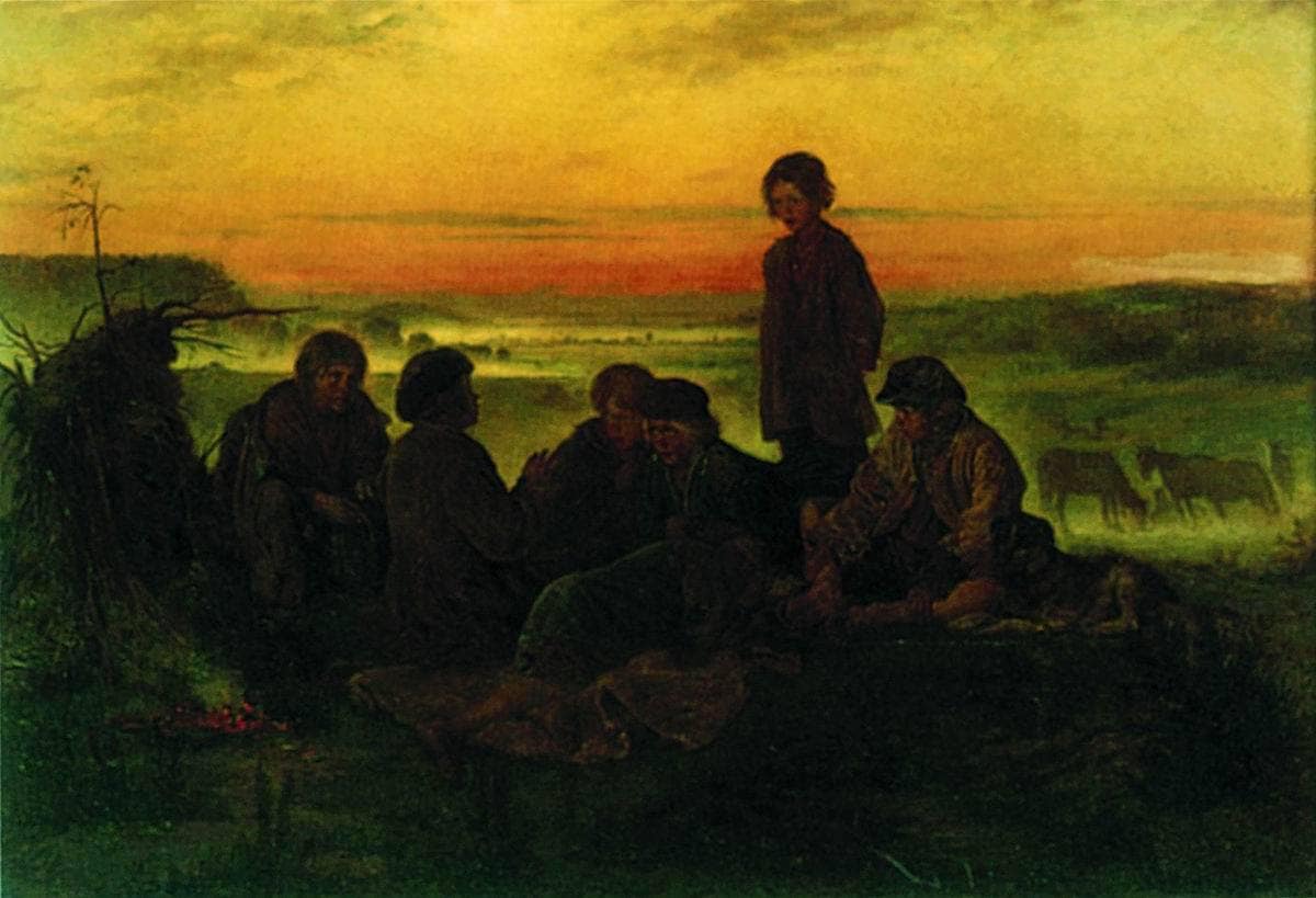 Peasant boys guard the horses at night