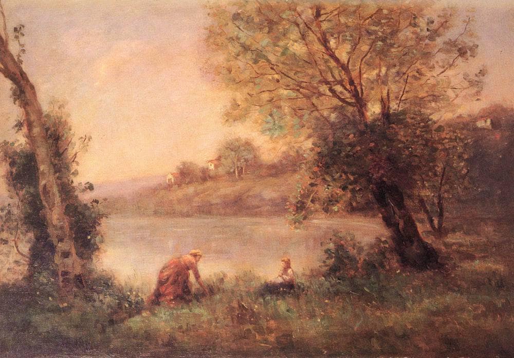 Peasant from Ville d'Avray and her Child among Two Trees at the Bank of a Pond by Camille Corot — hand-painted landscape oil painting reproduction on canvas