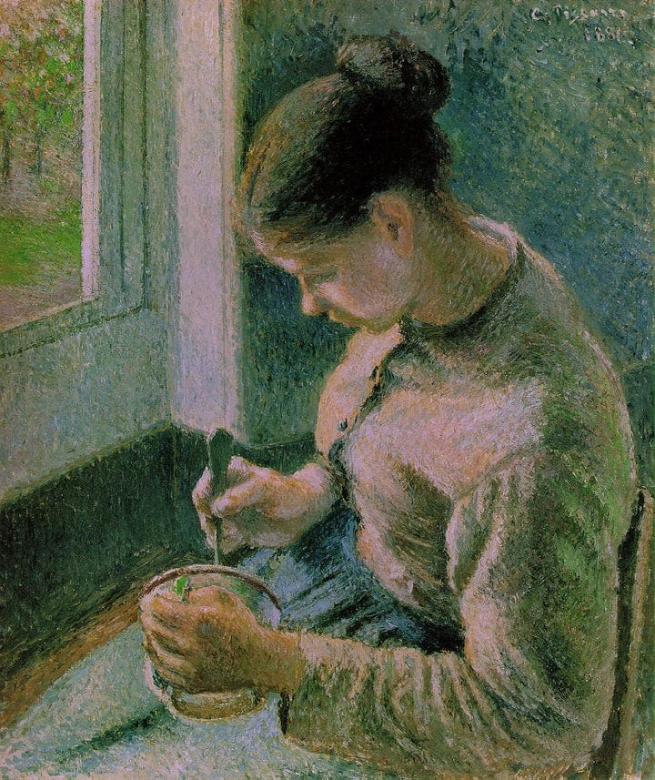 Peasant girl drinking her coffee by Camille Pissarro — hand-painted portrait oil painting reproduction on canvas