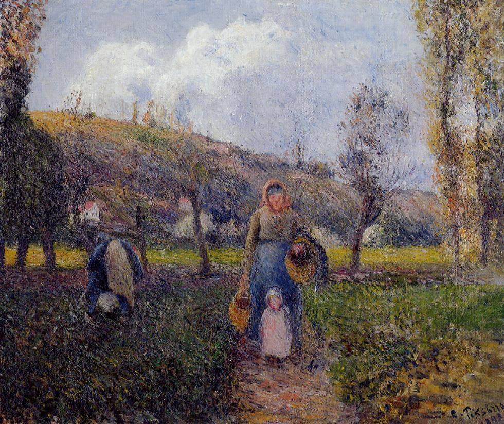 Peasant Woman and Child Harvesting the Fields, Pontoise by Camille Pissarro — hand-painted botanical oil painting reproduction on canvas